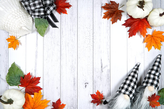 Thanksgiving flatlay framed border backdrop with white pumpkins, autumn leaves, turkey, on a white wood background. Black plaid gnomes theme with negative copy space.