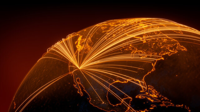 Futuristic Neon Map. Orange Lines connect Las Vegas, USA with Cities across the Globe. International Travel or Communication Concept.