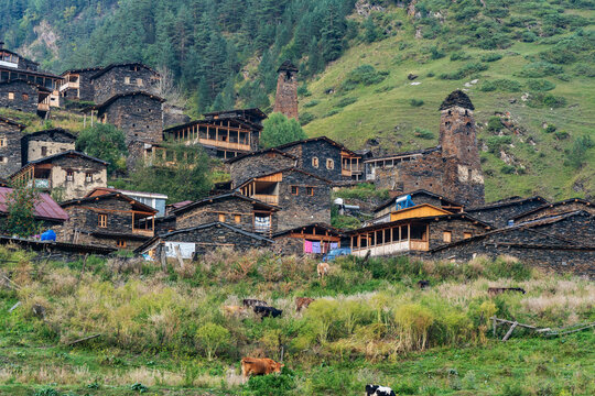 Ancient Georgian Village - Dartlo, Tusheti, Kakheti Region. Stone houses and towers