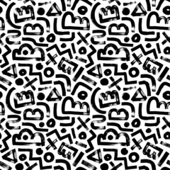 Abstract geometric vector seamless pattern. Various retro elements in Memphis style. Hand drawn curved and zigzag lines, circles, triangles. Memphis design, retro elements for fabrics, textile, web