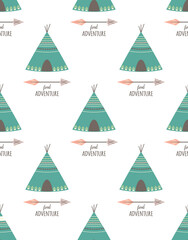 seamless pattern with cartoon tribal teepee, vector illustration