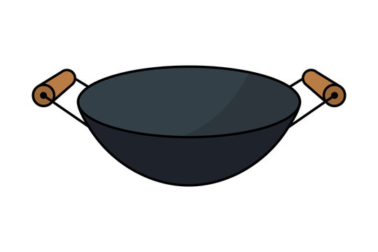 Wok fry pan or chinese cooking pot in vector icon