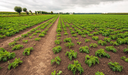 Fototapeta na wymiar Large Dutch field with curly kale plants in long rows. It is a cloudy day in the summer season. The kale plants are still small and not fully grown.