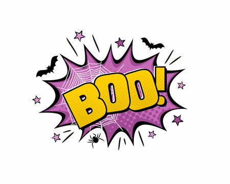 Boo comic logo. Halloween emblem. Cartoon explosion with bat, spider, web and stars in pop art style. Vector illustration for sticker, badge, poster, banner or party flyer.