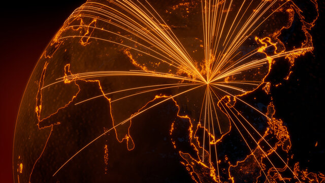 Futuristic Neon Map. Orange Lines connect Kunming, China with Cities across the World. Worldwide Travel or Business Concept.
