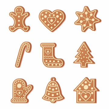 Big Christmas cookies collection with gingerbread and cookies figures of house, tree, man, heart, star, cane,mittens, bell and sock, gingerbread men, stars decorated curlicues colored glaze isolated