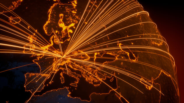 Futuristic Neon Map. Orange Lines connect Munich, Germany with Cities across the World. Global Travel or Business Concept.