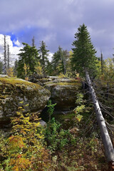 Obraz premium Laying of megalithic blocks in the Kamenny Gorod tract (Devil's settlement)