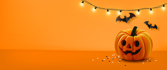 Halloween background with lamps light, pumpkin and Halloween Elements on orange color background.Website spooky,Background or banner Halloween template.Vector illustration