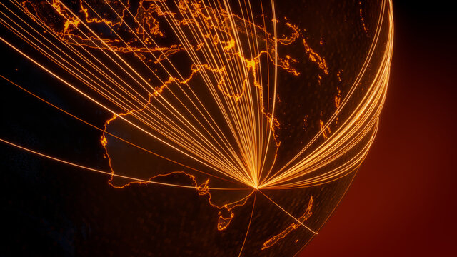 Futuristic Neon Map. Orange Lines connect Sydney, Australia with Cities across the Globe. Worldwide Travel or Business Concept.