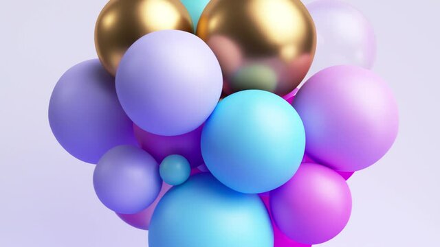 3d animation 4K. Abstract background with colorful balls stuck together. Festive pink blue gold balloons