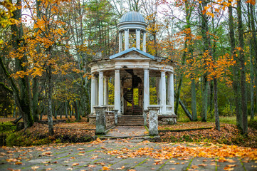 Old damaged cofee pavillion an autumn
