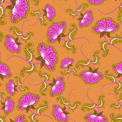 Watercolor seamless pattern with folky flowers and leaves in ethnic style. Floral decoration. Traditional paisley pattern. Textile design texture.Tribal ethnic vintage seamless pattern.	