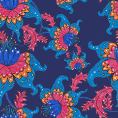 Watercolor seamless pattern with folky flowers and leaves in ethnic style. Floral decoration. Traditional paisley pattern. Textile design texture.Tribal ethnic vintage seamless pattern.	