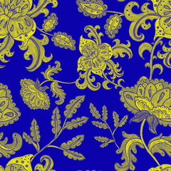 Watercolor seamless pattern with folky flowers and leaves in ethnic style. Floral decoration. Traditional paisley pattern. Textile design texture.Tribal ethnic vintage seamless pattern.	