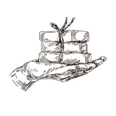 Stack of soap bars in the palm of your hand. Sketch. Engraving style. Vector illustration.