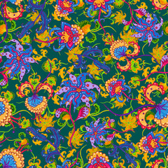 Watercolor seamless pattern with folky flowers and leaves in ethnic style. Floral decoration. Traditional paisley pattern. Textile design texture.Tribal ethnic vintage seamless pattern.	