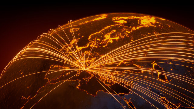 Futuristic Neon Map. Orange Lines connect Rome, Italy with Cities across the World. Worldwide Travel or Communication Concept.