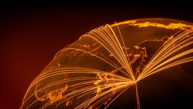 Futuristic Neon Map. Orange Lines connect Tokyo, Japan with Cities across the Globe. Global Travel or Networking Concept.