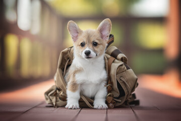 Funny red welsh corgi pembroke puppy sitting in a brown fabric and leather backpack on a red wooden bridge against the backdrop of a bright summer landscape. Looking into the camera