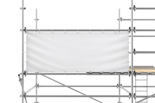 Banner with grommets on scaffolding mockup. 3d rendering