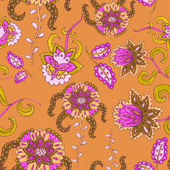 Watercolor seamless pattern with folky flowers and leaves in ethnic style. Floral decoration. Traditional paisley pattern. Textile design texture.Tribal ethnic vintage seamless pattern.	
