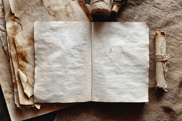 Open vintage notebook with old sheets of paper mockup