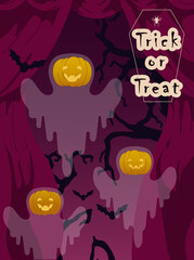 Halloween parties or greeting cards. Pumpkin ghosts with trees on the background. Flat vector illustration