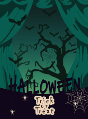 Halloween parties or greeting cards. Full moon and dark night with bats. Flat vector illustration.