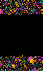 Mardi Gras backgrond. Mardi Gras beads, yellow, green, purple. Colorful carnival border. Mardi Gras banner, textile, fabric texture. Tradition carnival symbols, confetti, mask, firework, festive flags