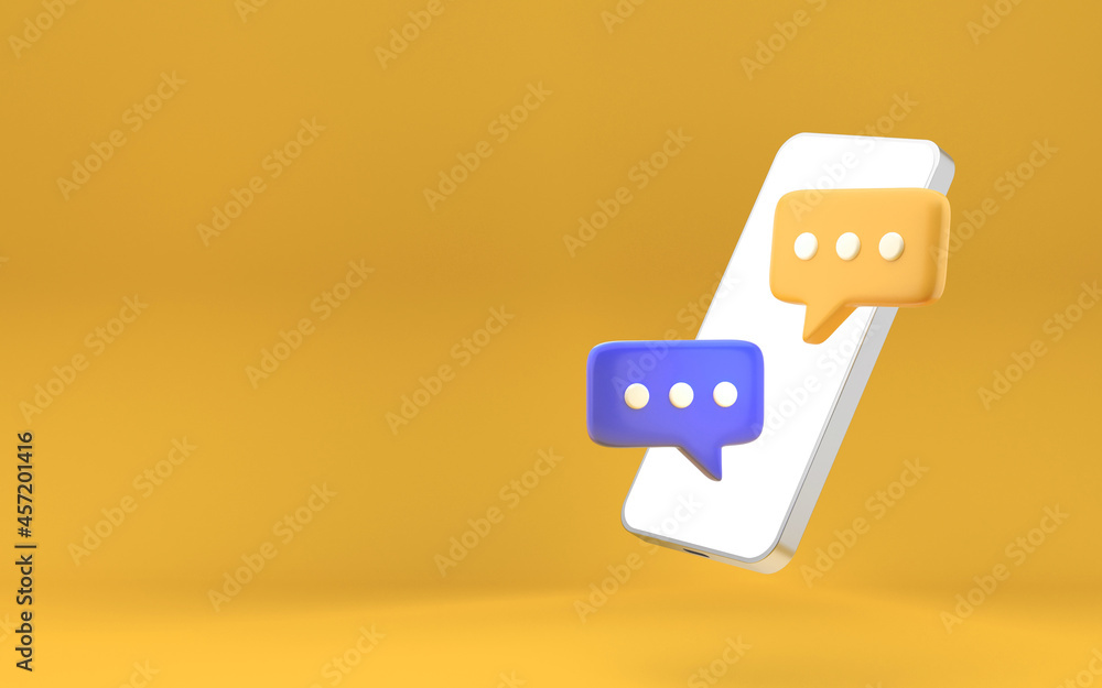 Poster smartphone notification and chat bubble floating on bright yellow background. 3d rendering