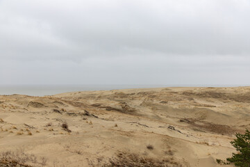 View of sand dunes of Curonian Spit, Kurshskaya Kosa National Park, Curonian Lagoon and the Baltic Sea, Kaliningrad, Russia