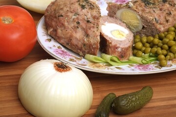 Homemade Meatloaf stuffed with egg. Culinary background