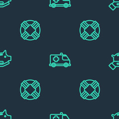 Set line Emergency car, Lifebuoy and Piggy bank on seamless pattern. Vector