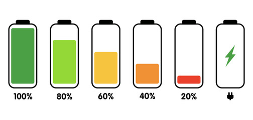 A set of icons of the information state of the battery. A set of indicators of the level of charge of the battery. Information icons for charging the phone's battery. Vector illustration.