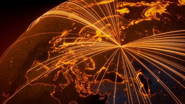 Futuristic Neon Map. Orange Lines connect Moscow, Russia with Cities across the World. International Travel or Networking Concept.