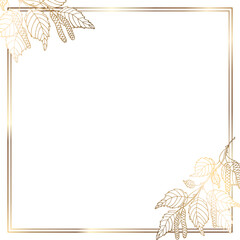 Gold frame with a branch and moldings. Golden leaves of birch. Beautiful graceful line. Shine of gold. White isolated background. Vector illustration.