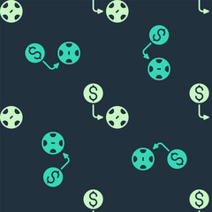 Green and beige Casino chips exchange on dollar icon isolated seamless pattern on blue background. Vector