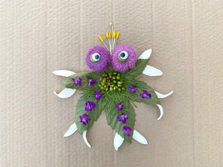 Master class, step by step how to make an octopus from leaves and flowers, kids craft