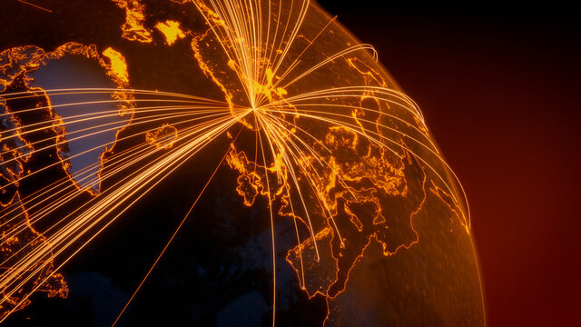 Futuristic Neon Map. Orange Lines connect Oslo, Norway with Cities across the World. Worldwide Travel or Business Concept.