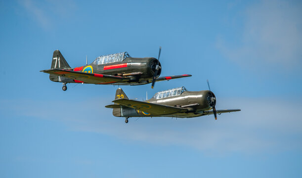 Gothenburg, Sweden - August 29 2009: SK16 Harvard, SE-FUD and SE-FVU at G&ouml;teborg Aero Show.