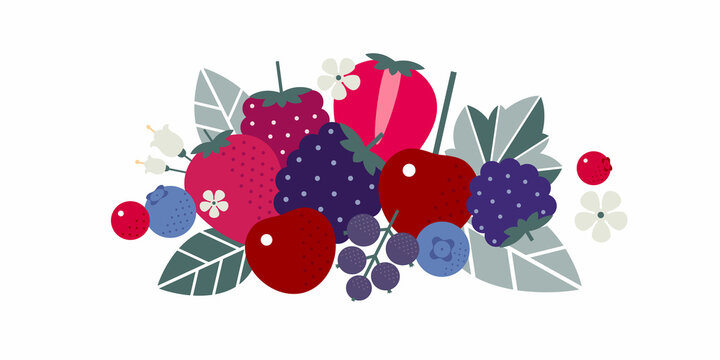 Berry mix. Flat illustration. Strawberry, cherry, blueberry, currant, lingonberry and raspberry. Ripe berries, leaves and flowers.
