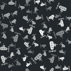 Grey Submarine icon isolated seamless pattern on black background. Military ship. Vector