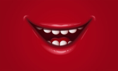 Smile with red lips. Open mouth with teeth and tongue. Cartoon character. Facial happy emotion. Red background. Vector illustration.