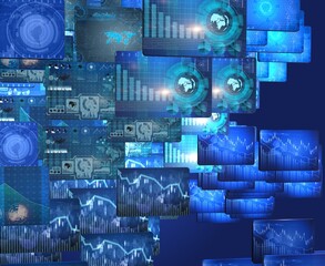 Many screen monitors with charts and graphs