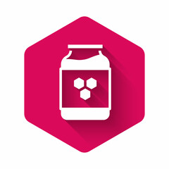 White Jar of honey icon isolated with long shadow background. Food bank. Sweet natural food symbol. Pink hexagon button. Vector