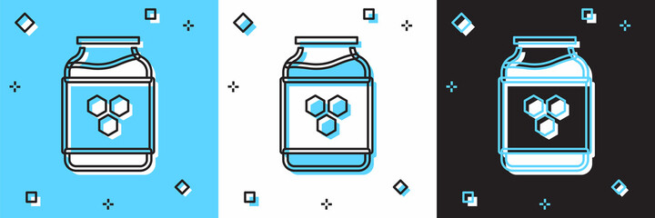 Set Jar of honey icon isolated on blue and white, black background. Food bank. Sweet natural food symbol. Vector