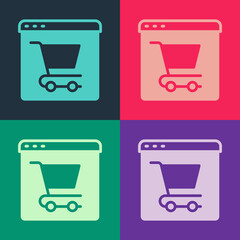 Pop art Online shopping on screen icon isolated on color background. Concept e-commerce, e-business, online business marketing. Vector