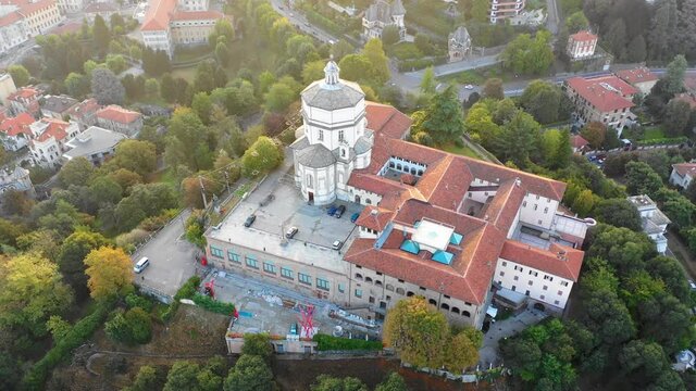 Aerial view of the Church of Gran Madre di Dio in Turin, Italy, featuring historic architecture, elegant dome and panoramic cityscape of the Piedmont capital