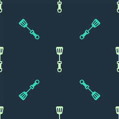 Green and beige Spatula icon isolated seamless pattern on blue background. Kitchen spatula icon. BBQ spatula sign. Barbecue and grill tool. Vector